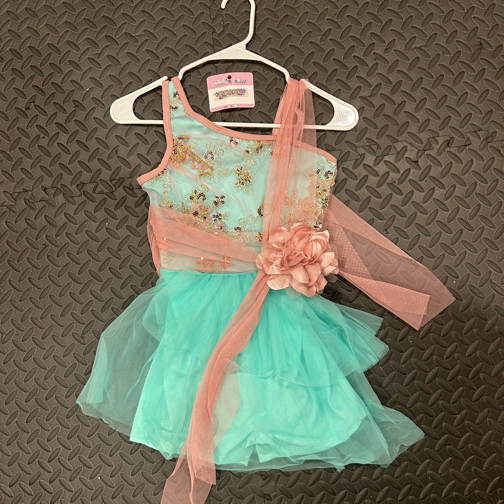 Elegant Teal & Rose Pink One-Piece Dance Costume w/ Sparkly Hair Accessory